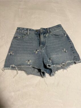 Banjara Light Blue Embroidered Flowers with Frayed-Hem Denim Shorts